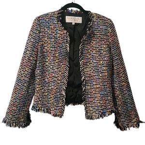 Trina Turk Multicolored Tweed Fringe Open Front Blazer Jacket Wmns 8 Preppy Chic
